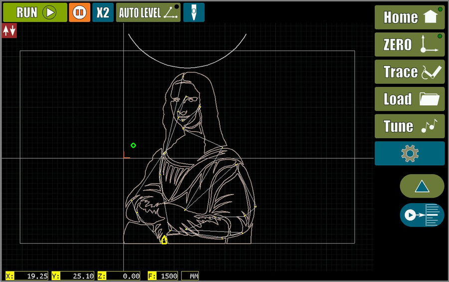 Mona Lisa DXF loaded on ArcDroid PLUS — complex artwork with hundreds of curves