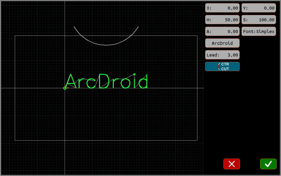Text tool showing on-screen lettering with font, height, and angle controls